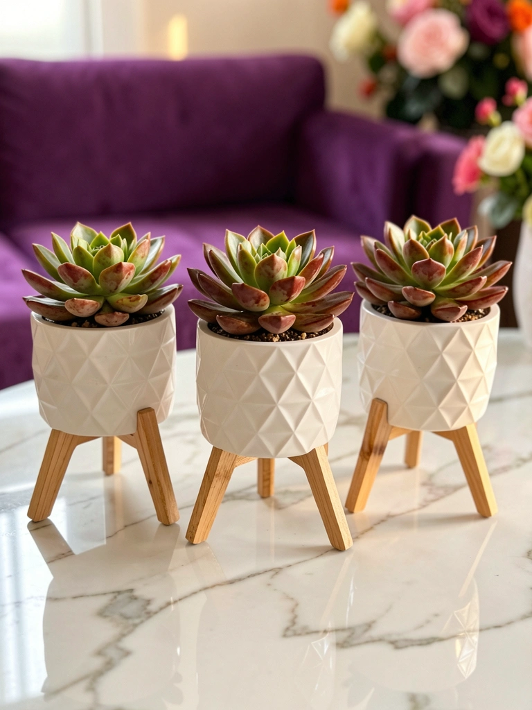 Vasos geométricos brancos com tripés de madeira sobre mármore refletivo, suculentas verdes e avermelhadas sob luz natural, sofá roxo desfocado ao fundo.