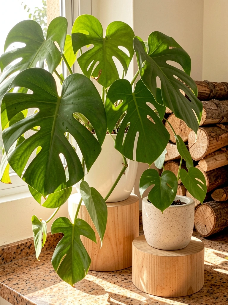 Vaso branco com Monstera deliciosa sobre pedestal de madeira clara, ao lado de muda menor em vaso texturizado, fundo com bancada salpicada e troncos empilhados, luz solar difusa.
