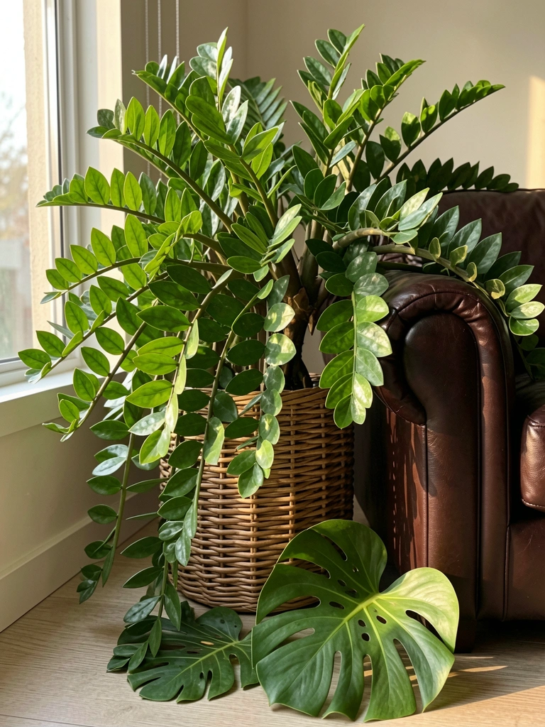 Luz natural filtrada destaca folhas brilhantes de planta ZZ sobre poltrona de couro marrom, com cesto de vime e folha de Monstera no chão.