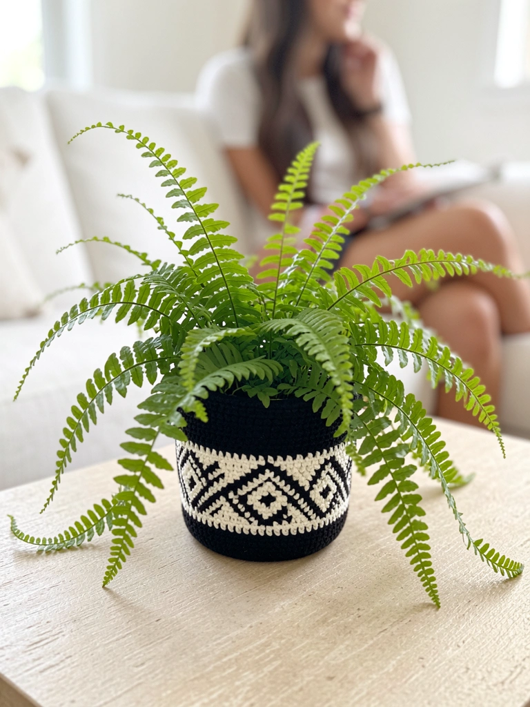 Vaso preto e branco de crochê com padrão geométrico segurando aspargo-pluma verde e delicado sobre mesa bege texturizada, sofá branco ao fundo desfocado.