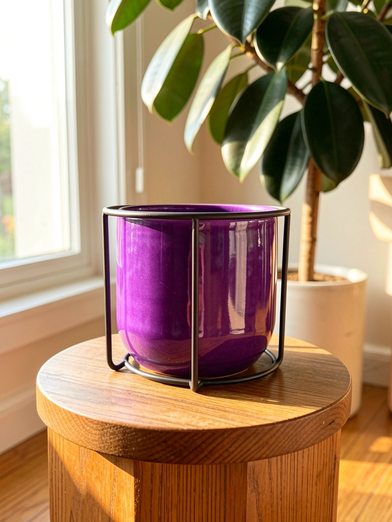 Vaso de cerâmica roxo com estrutura metálica sobre pedestal redondo de madeira, com ficus ao fundo e luz natural entrando pela janela.