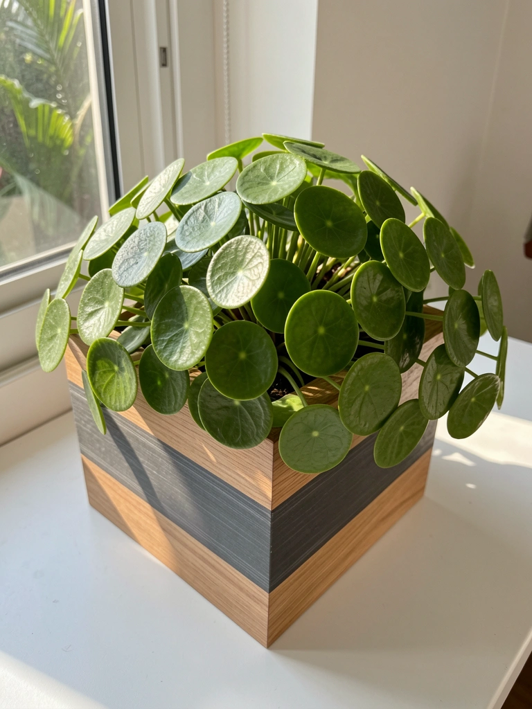 Cachepô quadrado de madeira com faixa horizontal cinza-escura, Pilea peperomioides de folhas verdes brilhantes, luz natural difusa sobre superfície branca.