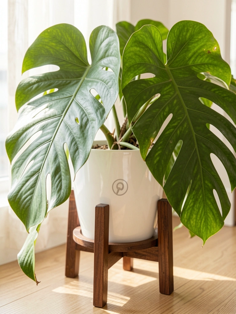 Vaso de cerâmica branca com logotipo circular sobre suporte de madeira escura, folhas de Monstera deliciosa brilhantes e recortadas, luz natural e piso de madeira clara ao fundo.