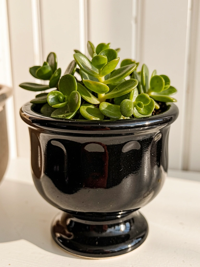Vaso de cerâmica preto brilhante com suculenta verde, luz natural, fundo de painéis de madeira branca desfocado.