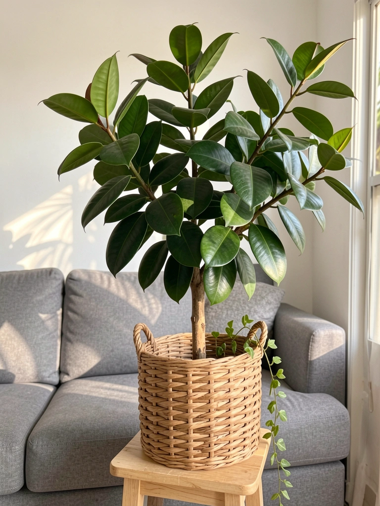 Ficus em cesto de vime claro sobre pedestal de madeira, luz natural suave, sofá cinza e parede branca ao fundo.
