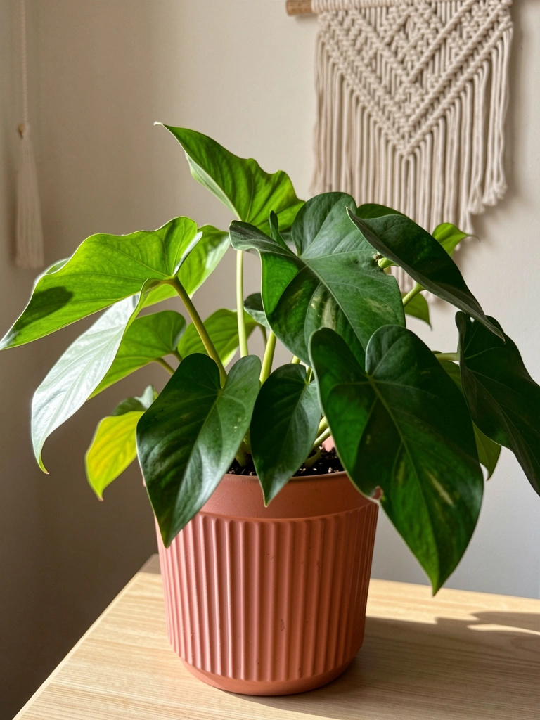 Vaso de cerâmica rosé texturizado com planta de folhas largas sobre mesa de madeira clara, painel de macramê pendurado na parede neutra ao fundo.