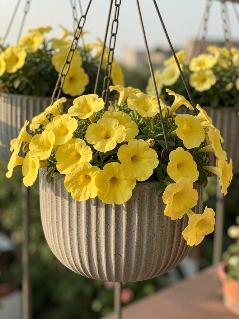 Cachos de petúnias amarelas em vaso suspenso de concreto cinza com textura, corrente de metal escura e luz natural suave, fundo desfocado.