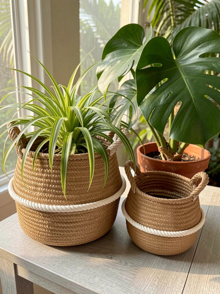 Cesto de juta trançado com detalhe em corda branca ao lado de outro menor, ambos com vasos de terracota de planta-aranha e monstera, sobre mesa de madeira clara com luz natural.