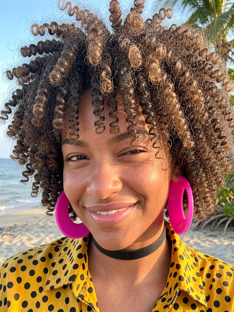 Jovem sorrindo com cabelo crespo volumoso e brilhante, brincos rosa vibrantes e camisa de bolinhas amarela e preta, luz natural e fundo com brisa.