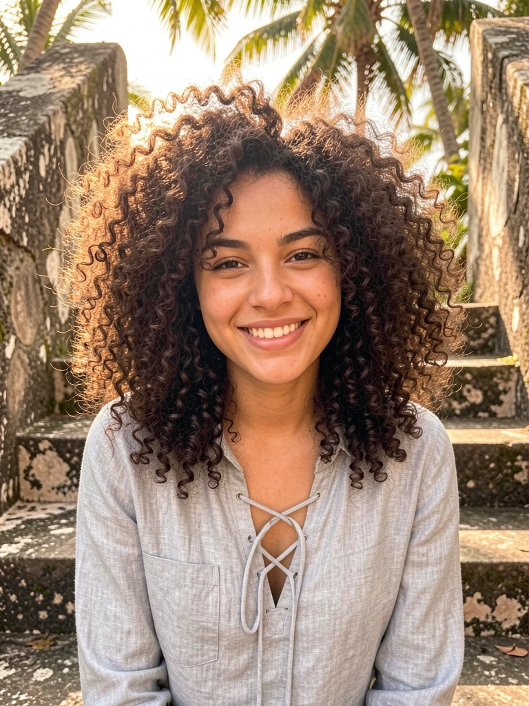 Jovem com cabelo cacheado escuro e volumoso, camisa de linho cinza claro, sentada em escadaria de pedra sob luz solar suave.