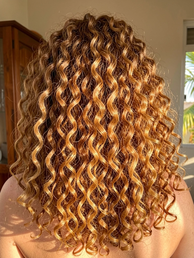 Cacheados volumosos em tons caramelo e dourado, luz natural difusa, fundo desfocado com armário de madeira.