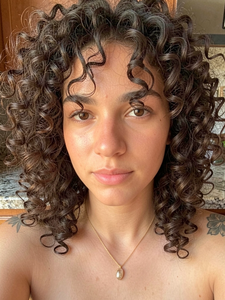 Jovem com cabelos crespos castanhos escuros, colar de ouro com pingente de pedra, tatuagens no ombro, luz natural suave e fundo desfocado com bancada de pedra.