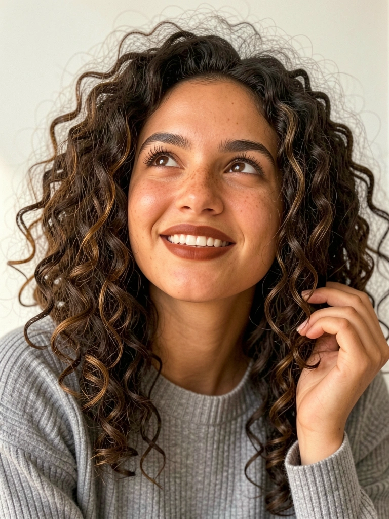 Mulher com cabelo cacheado escuro e suéter cinza tocando os fios, sorriso suave sob luz natural, fundo neutro desfocado.