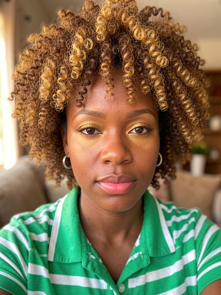 Afro volumoso com reflexos dourados, brincos de argola prateados, camisa listrada verde e branca, luz natural suave.