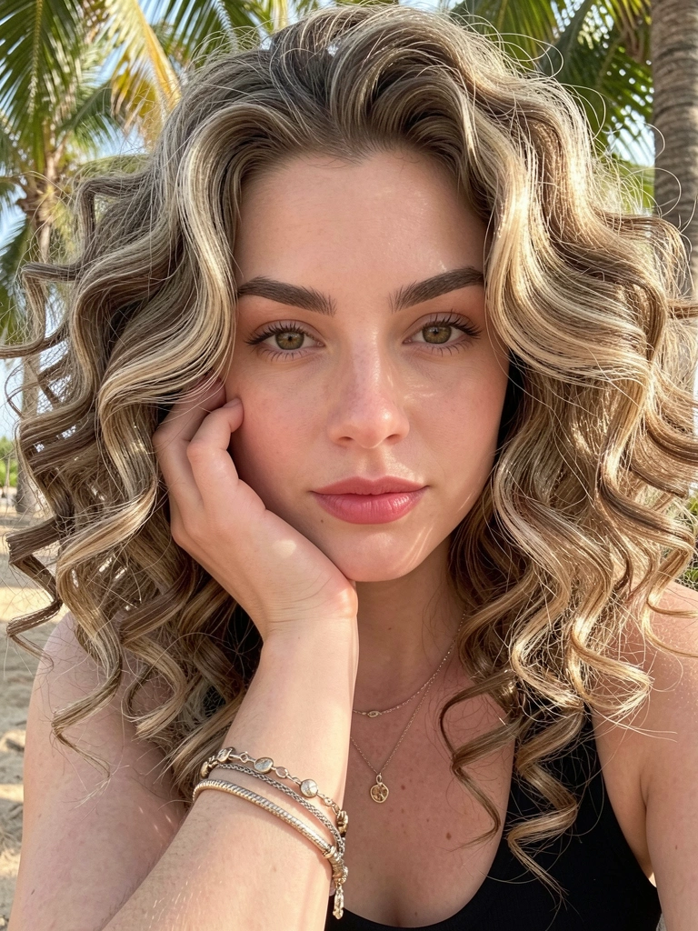 Close-up de mulher com cabelos castanhos e loiros cacheados, mão no rosto, colar delicado e blusa preta, luz natural com sombras suaves.