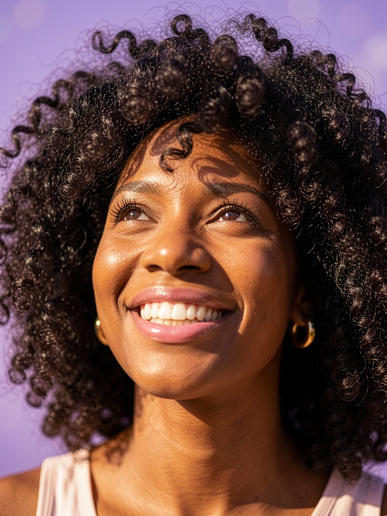Mulher negra com cabelos crespos volumosos e sorriso radiante, brincos de argola dourados e fundo roxo com bokeh, luz natural destacando a textura dos fios.
