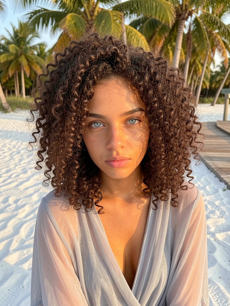 Mulher de cabelo crespo escuro e olhos azuis em areia branca, palmeiras e passarela de madeira ao fundo, luz dourada.