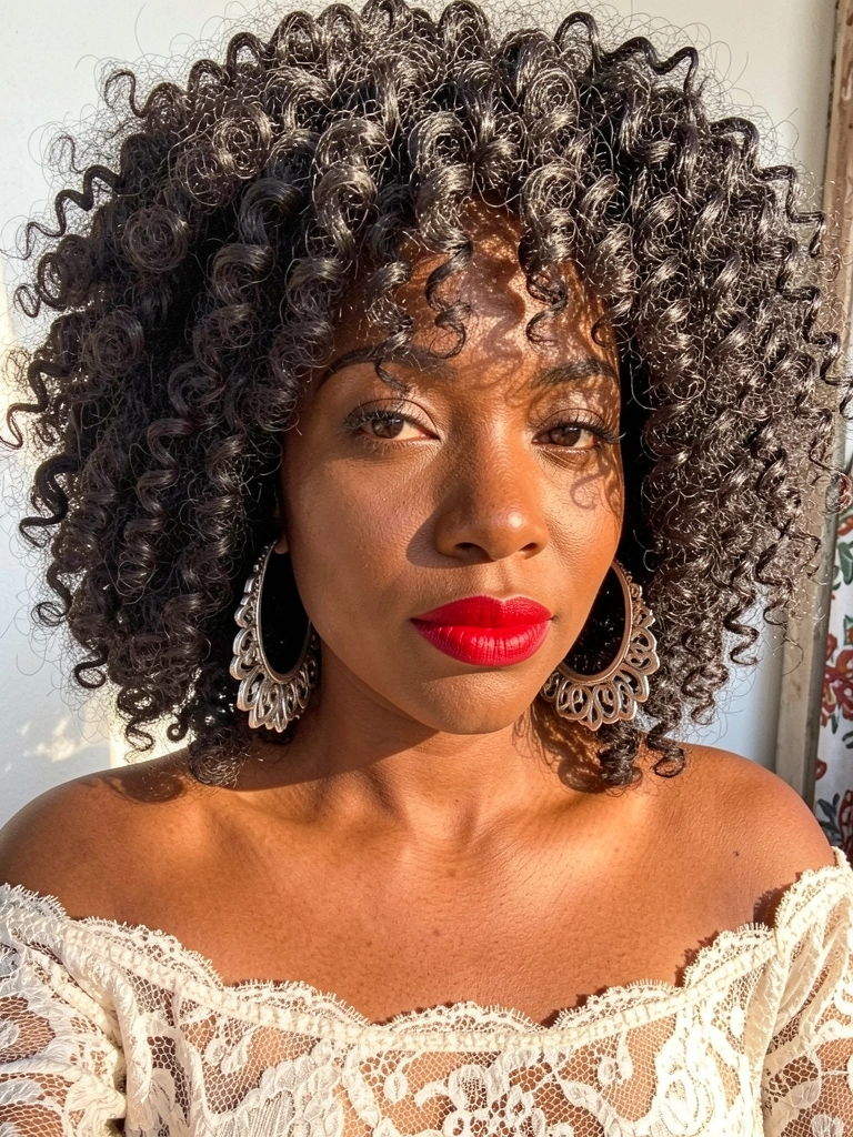 Mulher negra com cabelo crespo volumoso, blusa de renda off-shoulder e brincos de prata, luz natural suave ao fundo.