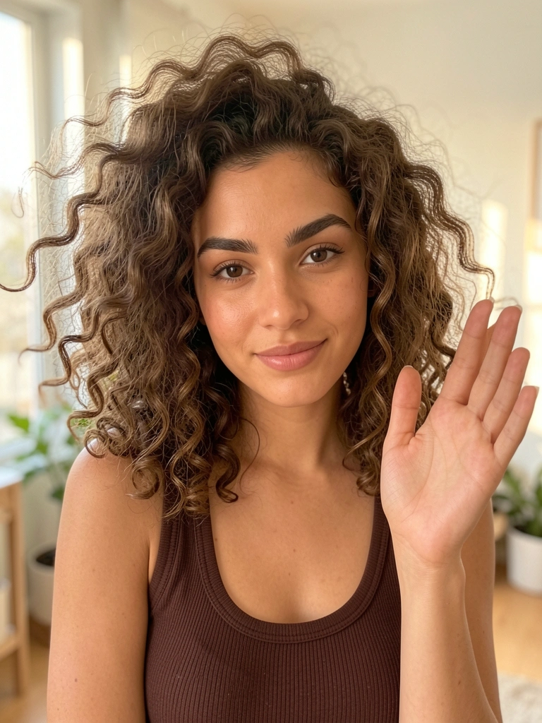 Mulher de cabelo cacheado e top marrom acena com a mão, luz natural suave e fundo desfocado.