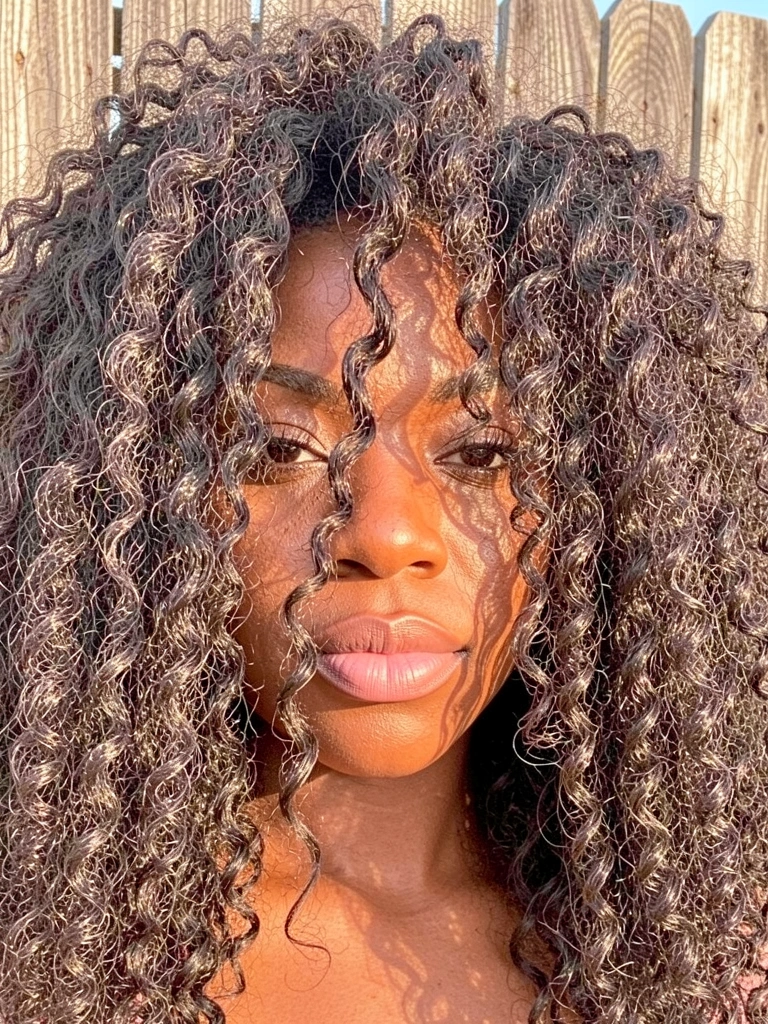 Close-up de uma mulher negra com cabelo cacheado volumoso, pele com brilho natural, lábios rosa claro e fundo de cerca de madeira com luz solar difusa.