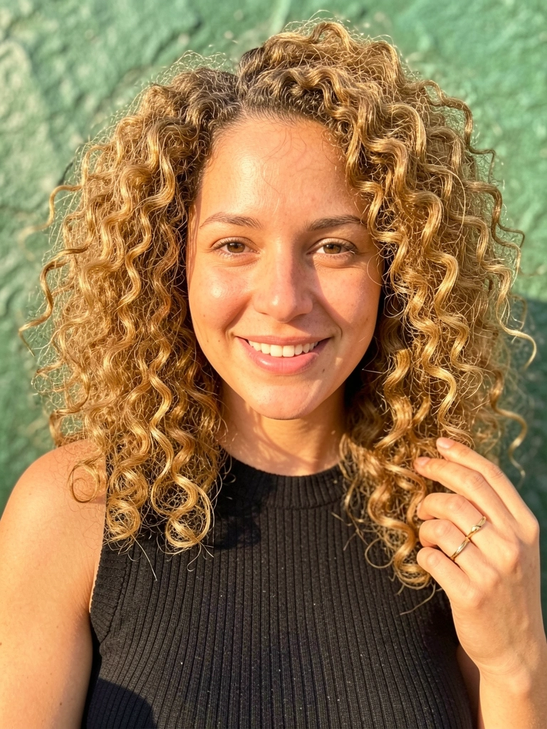 Mulher com cabelo cacheado castanho-dourado, top preto de ribana, sorrindo, anel dourado, fundo verde desfocado com luz natural.