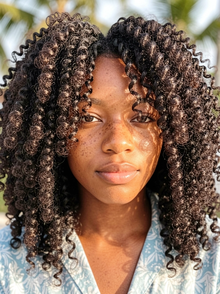 Jovem negra com cabelo crespo volumoso e encaracolado, camisa azul e branca estampada, luz tropical difusa e fundo desfocado ao ar livre.