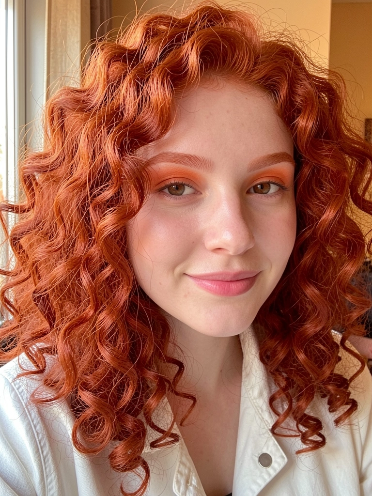 Mulher de cabelo ruivo cacheado e jaqueta branca, luz natural suave, fundo quente desfocado.