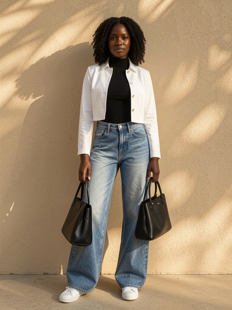 Mulher negra jovem com jaqueta branca, gola alta preta e calça jeans wide-leg, segurando bolsa preta e tênis brancos, contra parede bege texturizada com luz natural.