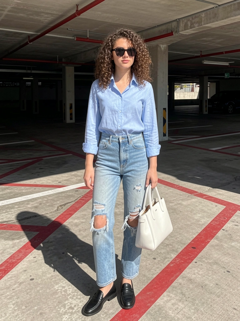 Jovem de cabelo cacheado e óculos escuros em estacionamento, camisa azul clara, jeans desbotado e bolsa branca, luz natural criando sombras.