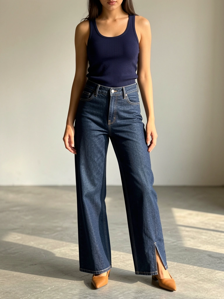 Jovem de blusa canelada azul escura e calça jeans de cintura alta, sapatos bege, em pé sobre piso de concreto cinza com luz natural.