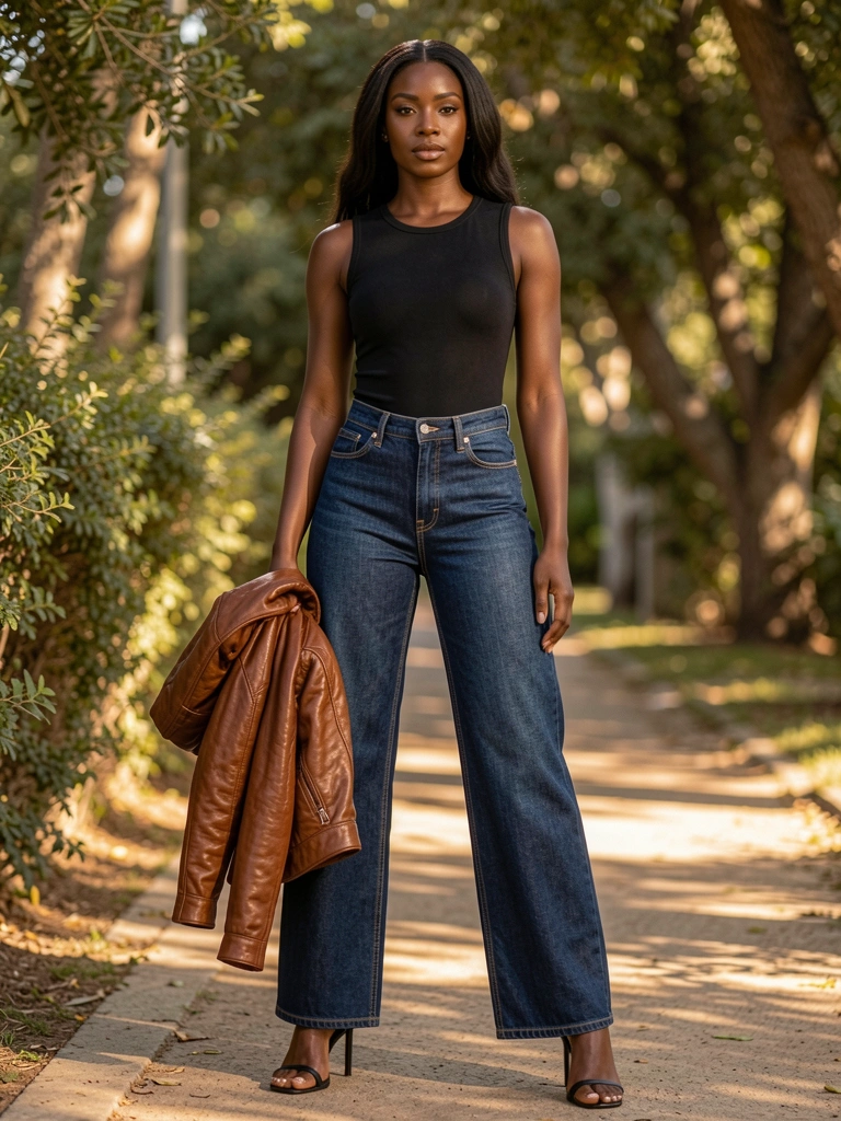 Mulher negra de top preto e calça jeans de cintura alta com costuras aparentes, segurando jaqueta de couro marrom, sandálias pretas de salto alto, luz natural com sombras de folhagem.