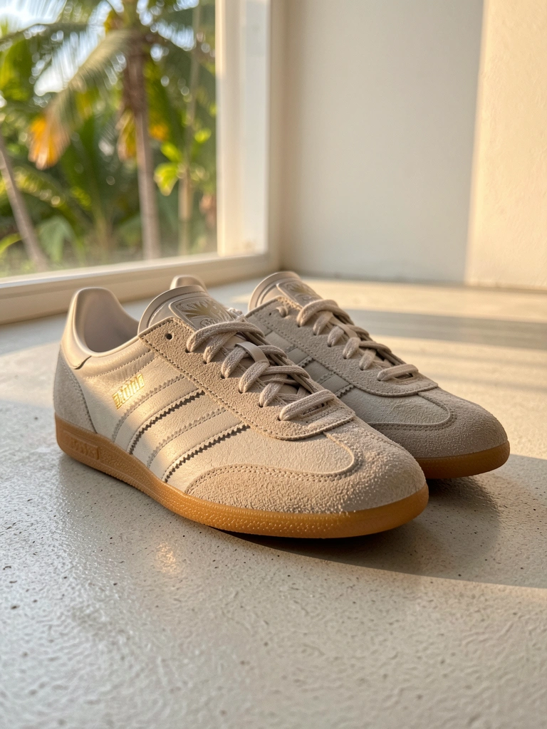 Tênis Adidas Samba de couro e camurça sobre piso de concreto cinza claro, com reflexo de parede branca e luz natural com folhagem desfocada ao fundo.
