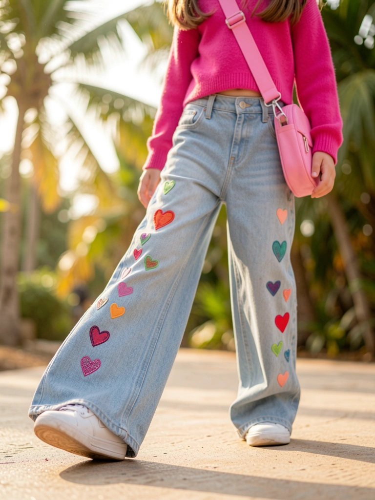 Calça jeans azul-claro com bordados coloridos de coração arrastando no chão, sweater rosa e bolsa pink, luz natural.