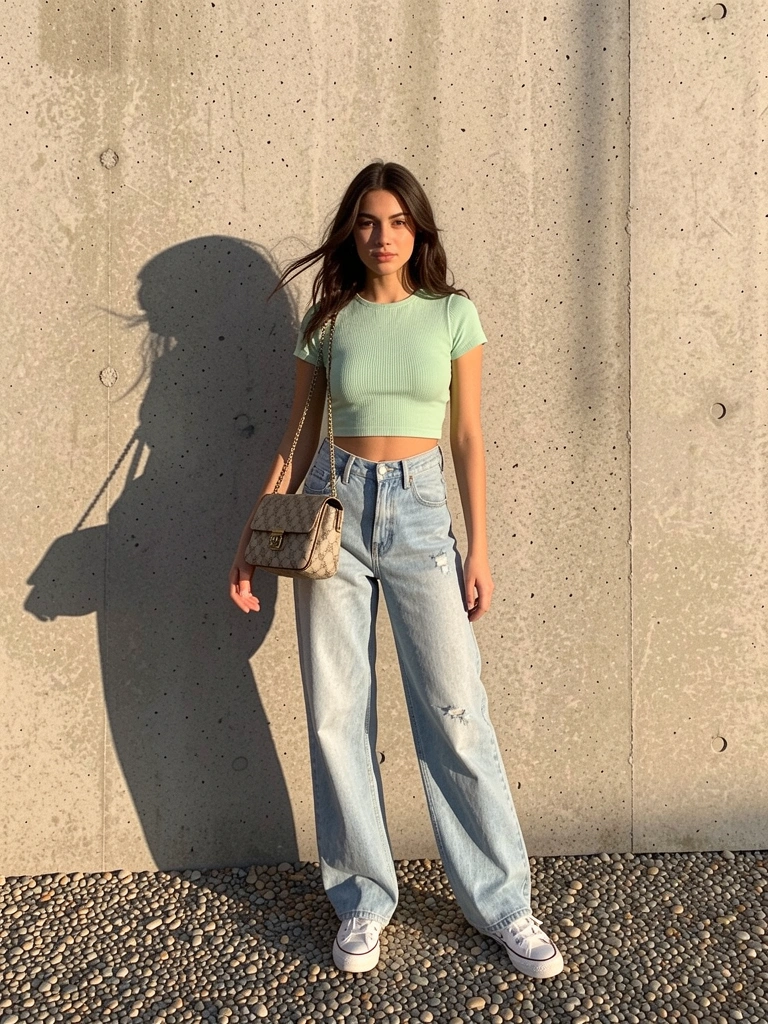 Luz natural incide sobre parede de concreto texturizado com pedrinhas; mulher de cropped verde-claro e calça jeans azul-claro desbotada segura bolsa Gucci bege com corrente.