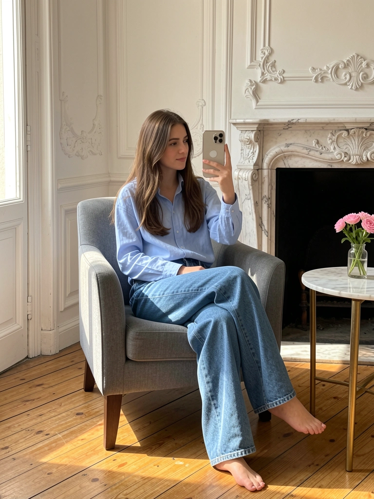Jovem de cabelo castanho em poltrona cinza, camisa azul clara e jeans, tirando selfie com smartphone, lareira de mármore e vaso com flores cor-de-rosa, luz natural entrando pela janela.