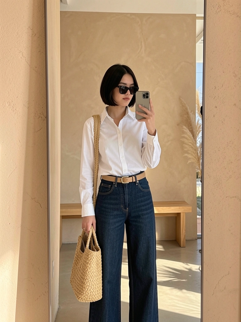 Jovem de cabelo curto e óculos escuros, camisa branca e calça jeans de cintura alta, tirando selfie em loja com parede bege texturizada e espelho refletindo banco de madeira.