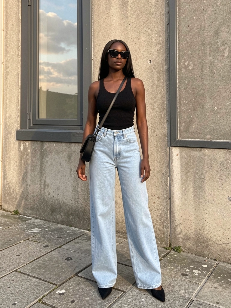 Jovem negra de top preto e calça jeans clara de cintura alta em calçada de pedra, mulas pretas e bolsa tiracolo, parede de concreto texturizado ao fundo.