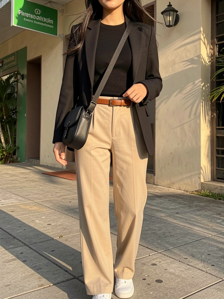 Mulher com suéter preto, blazer, calça bege, cinto marrom e tênis brancos, segurando bolsa preta, em calçada com placa verde e luz natural.
