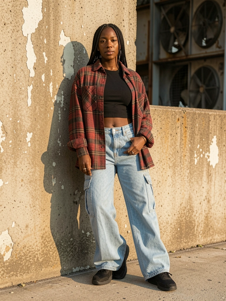Parede de concreto descascando com mulher negra de tranças, camiseta preta, flanela xadrez oversized e jeans cargo azul claro, luz natural do dia.