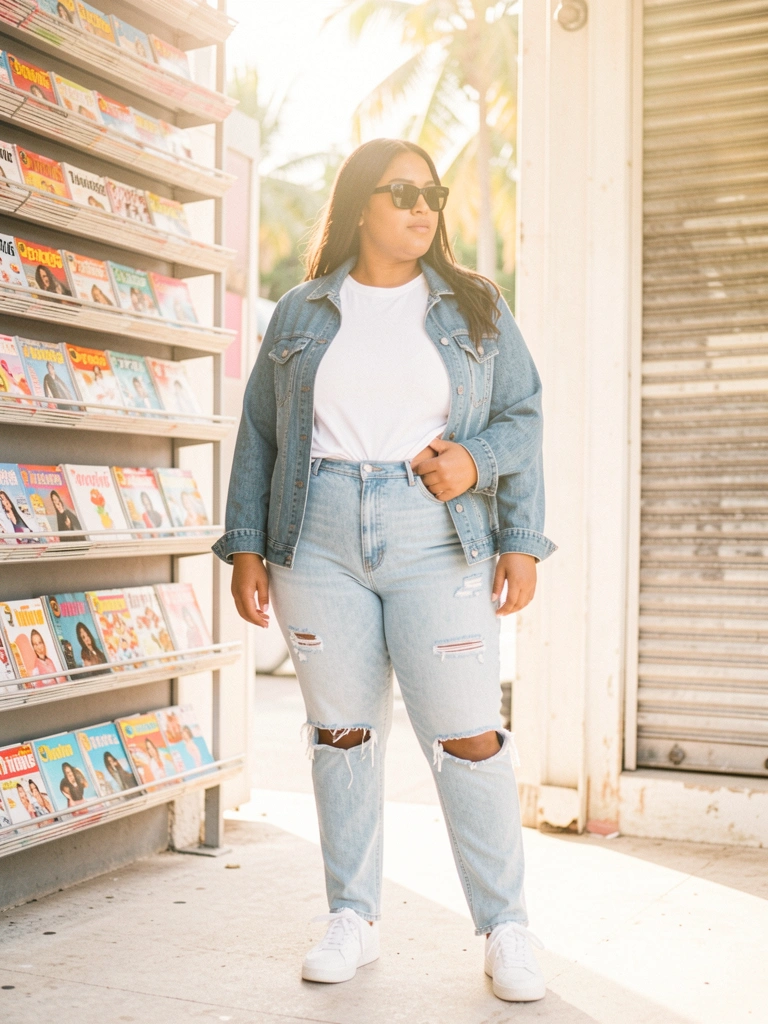 Mulher plus-size de jaqueta jeans e óculos escuros em ambiente urbano, prateleiras com revistas coloridas e luz natural.
