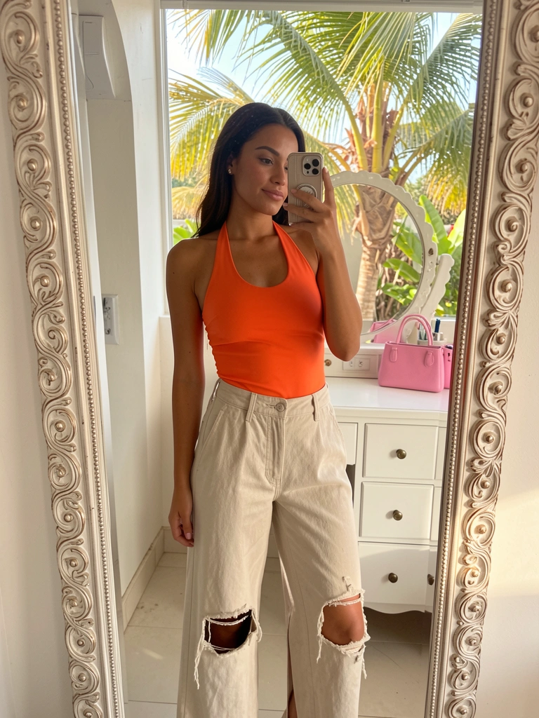 Jovem de top laranja tira selfie em espelho decorativo, refletindo bolsa rosa e penteadeira branca, calça bege rasgada.