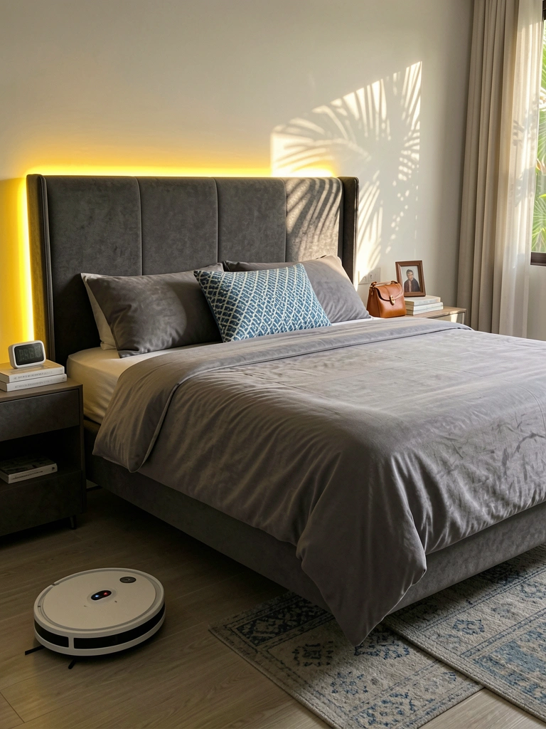 Cama king-size com cabeceira estofada cinza escuro e fitas de LED amarelas, edredom cinza e almofada azul e branca, mesa lateral com relógio e livros, aspirador robô no chão, luz natural ao fundo.