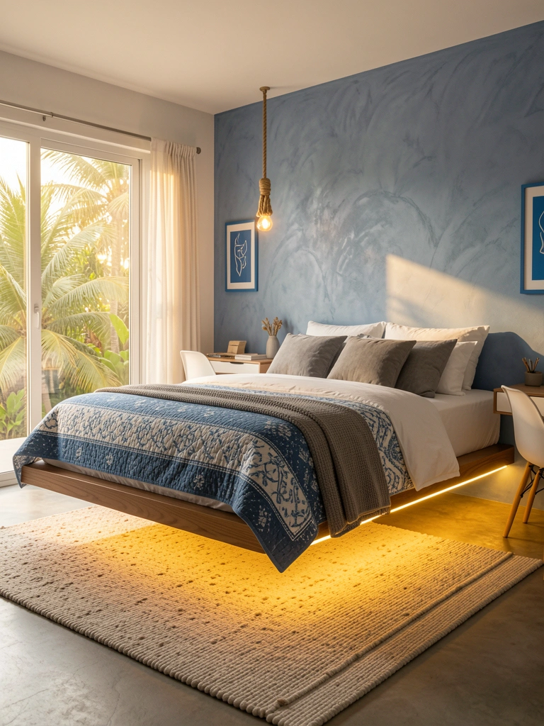 Cama suspensa de madeira com iluminação LED, colcha azul e branca, almofadas cinzas e tapete texturizado sob luz dourada.