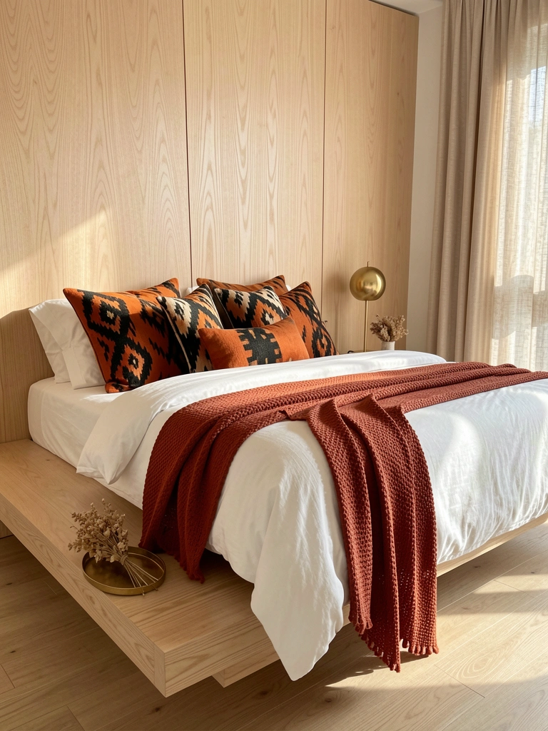 Cama suspensa sobre plataforma de madeira clara, edredom branco, almofadas laranja e preta, manta terracota, abajur dourado, painel de carvalho e cortina de linho.