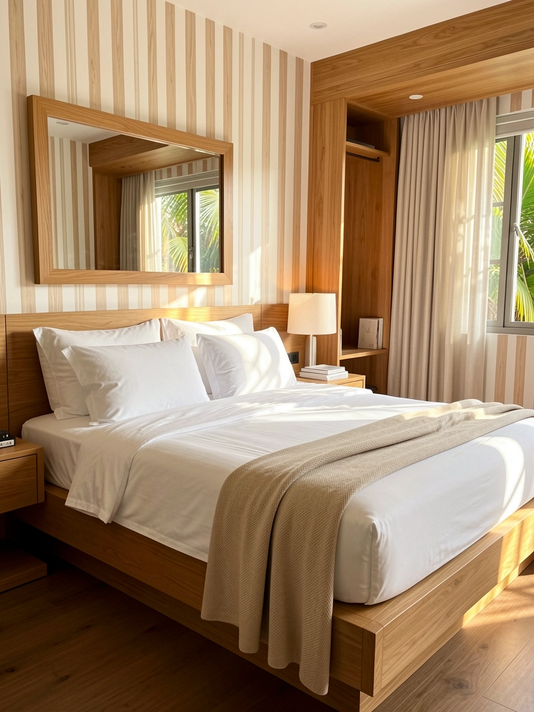 Luz do sol filtrada por janela incide sobre cama de madeira clara com roupa de cama branca e manta bege, espelho com moldura de madeira reflete o quarto.