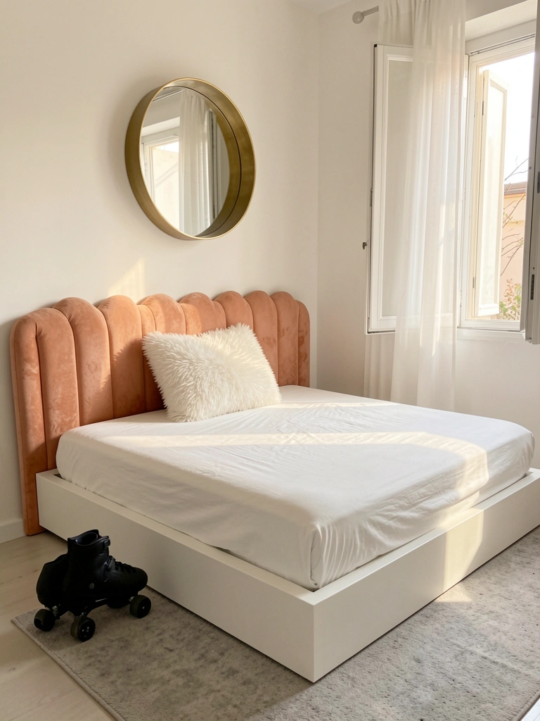 Cama branca com cabeceira estofada em pêssego e detalhe scalloped, espelho redondo dourado na parede e patins preto no chão, luz natural difusa.
