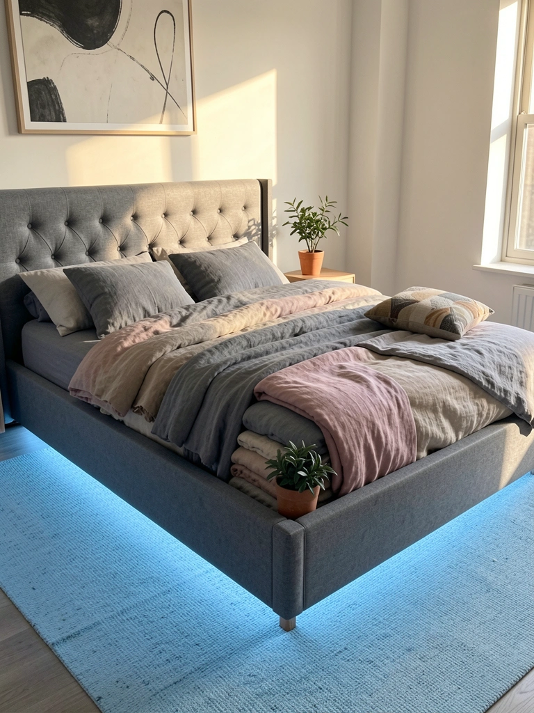 Cama plataforma com cabeceira cinza acolchoada, roupa de cama dobrada em cinza, bege e rosa, planta no chão e luz azul suave sob a cama.