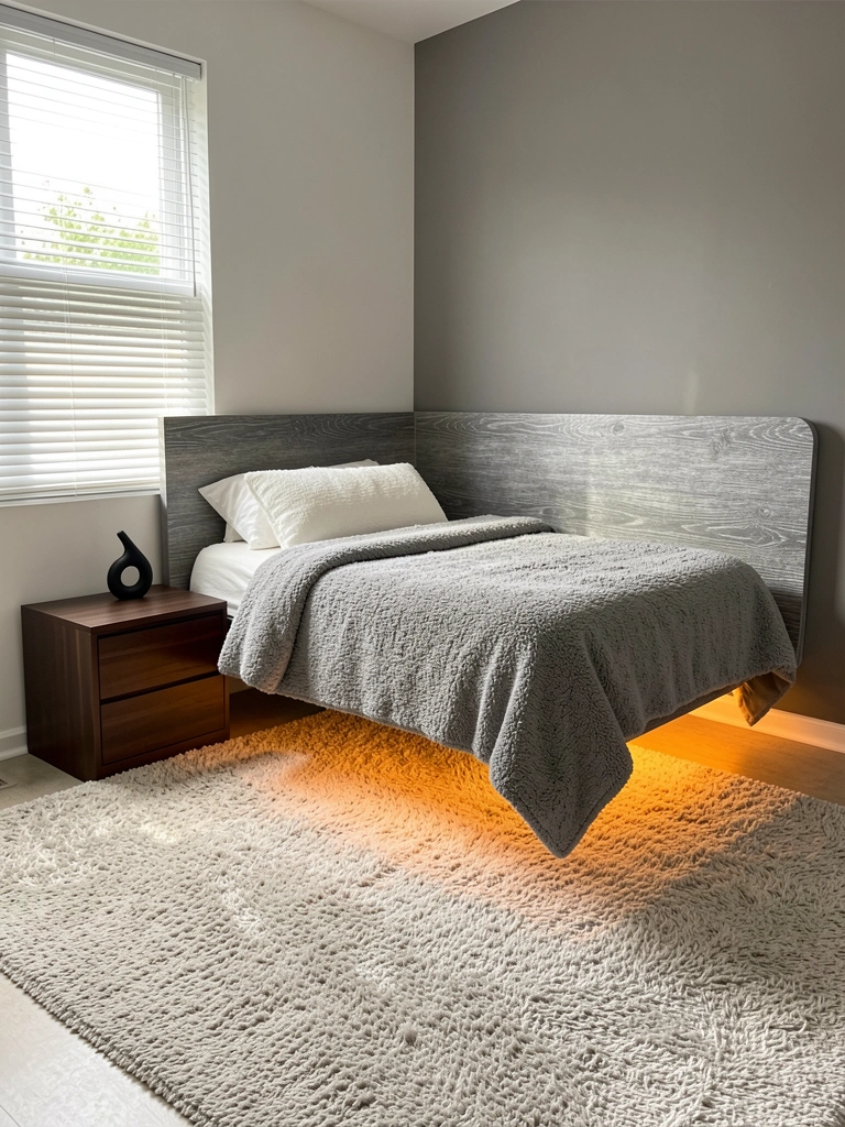 Cama suspensa com cabeceira texturizada cinza, criado-mudo escuro e luminosidade LED quente sob o estrado.
