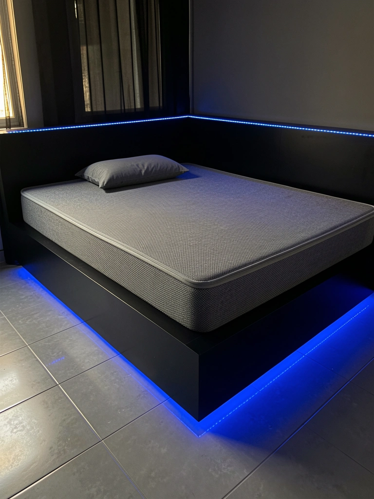 Cama preta com base alta, colchão texturizado cinza e fita de LED azul sob a estrutura e na cabeceira, piso de porcelanato cinza brilhante com luz linear azul, cortina preta e luz natural suave.