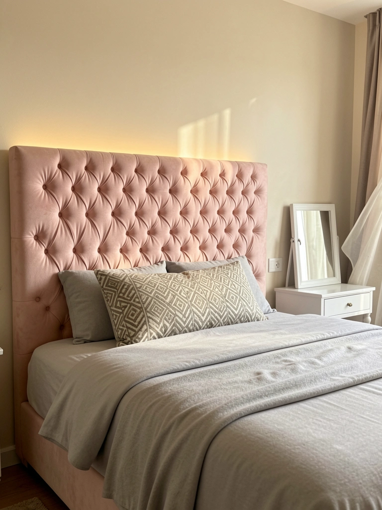Cabeceira estofada rosa blush com capitonê denso, cama com colcha cinza e almofada geométrica, criado-mudo branco com espelho à luz natural.